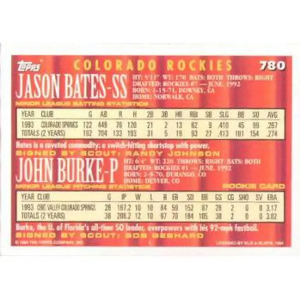 1994 Topps Jason Bates / John Burke CA, RC # 780 Colorado Rockies